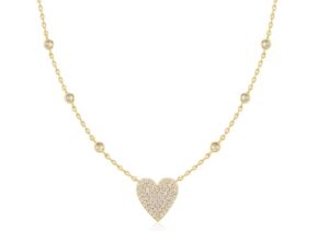 Sterling Silver gold plated pave cubic zirconia heart and bezel station necklace on adjustable chain