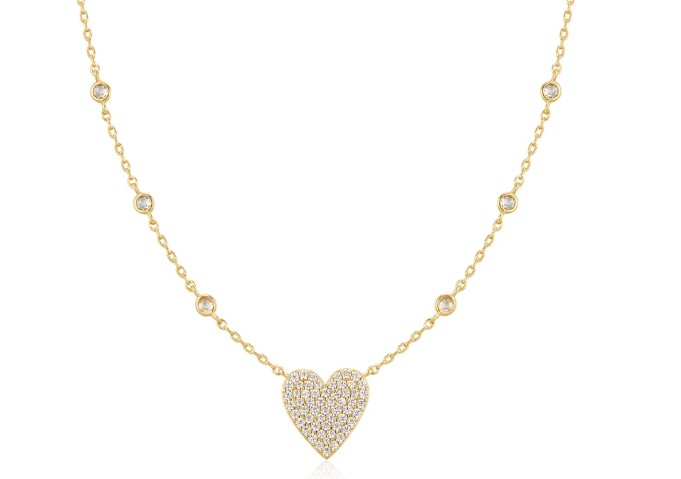 .jpg Sterling Silver gold plated pave cubic zirconia heart and bezel station necklace on adjustable chain