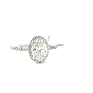 14kt white gold lab grown oval diamond halo engagement ring O tw 1.50cts tw 1.75ct IGI certified VS, H/I