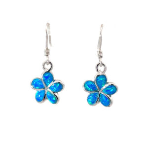 Sterling Silver rhodim plated created blue opal plumeria flower dangle earring on fish hooks