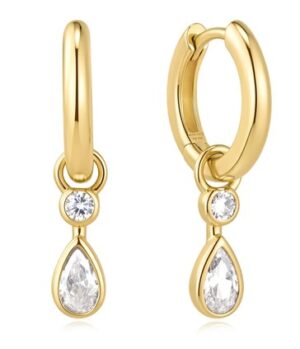 Sterling Silver gold plated dangling bezel teardrop huggie hoop earring