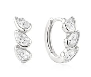 Sterling Silver rhodium plated tripple half bezel cubci zirconia teardrop huggie hoop earring