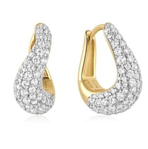 Sterling Silver gold plated cubic zirconia pave wave huggie hoop earring