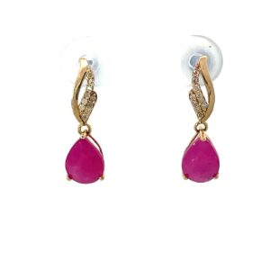 10kt yellow gold genuine ruby and diamond fashion dangle earring D tw 0.10cts I1, I color