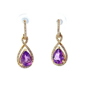 14kt yellow gold amethyst and diamond pear shape dangle halo earring D tw 0.25cts SI2/I1 clarity, I/J color