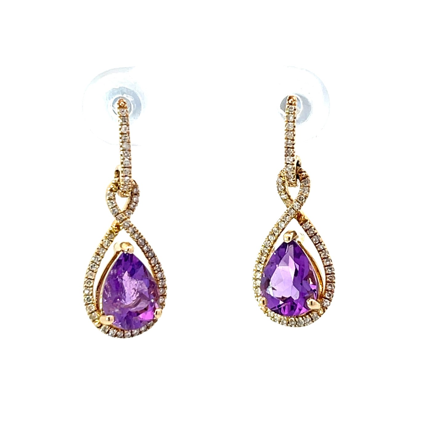 .jpeg 14kt yellow gold amethyst and diamond pear shape dangle halo earring D tw 0.25cts SI2/I1 clarity, I/J color