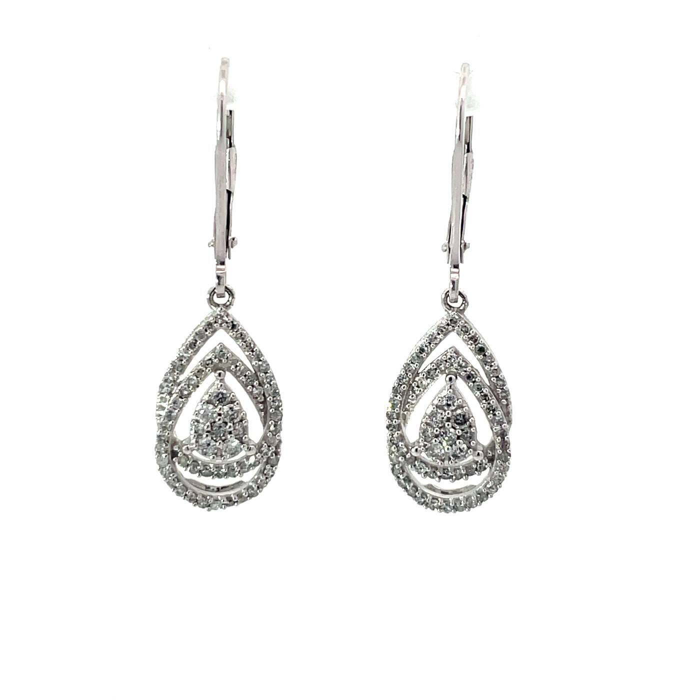 .jpeg 10kt white gold diamond pear shape cluster drop earring on lever backs D tw0.50cts SI3, I