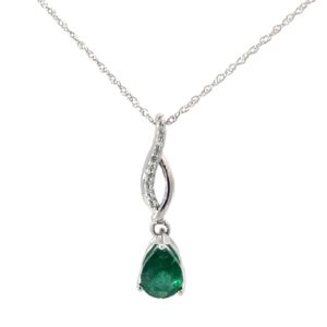 10kt white gold diamond and genuine emerald dangle pendant D tw 0.05cts SI2, I color