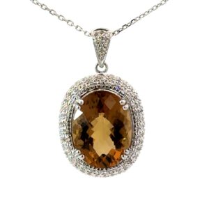 14kt white gold lemon quartz and diamond halo pendant LQ tw 7.85cts D tw 0.36cts