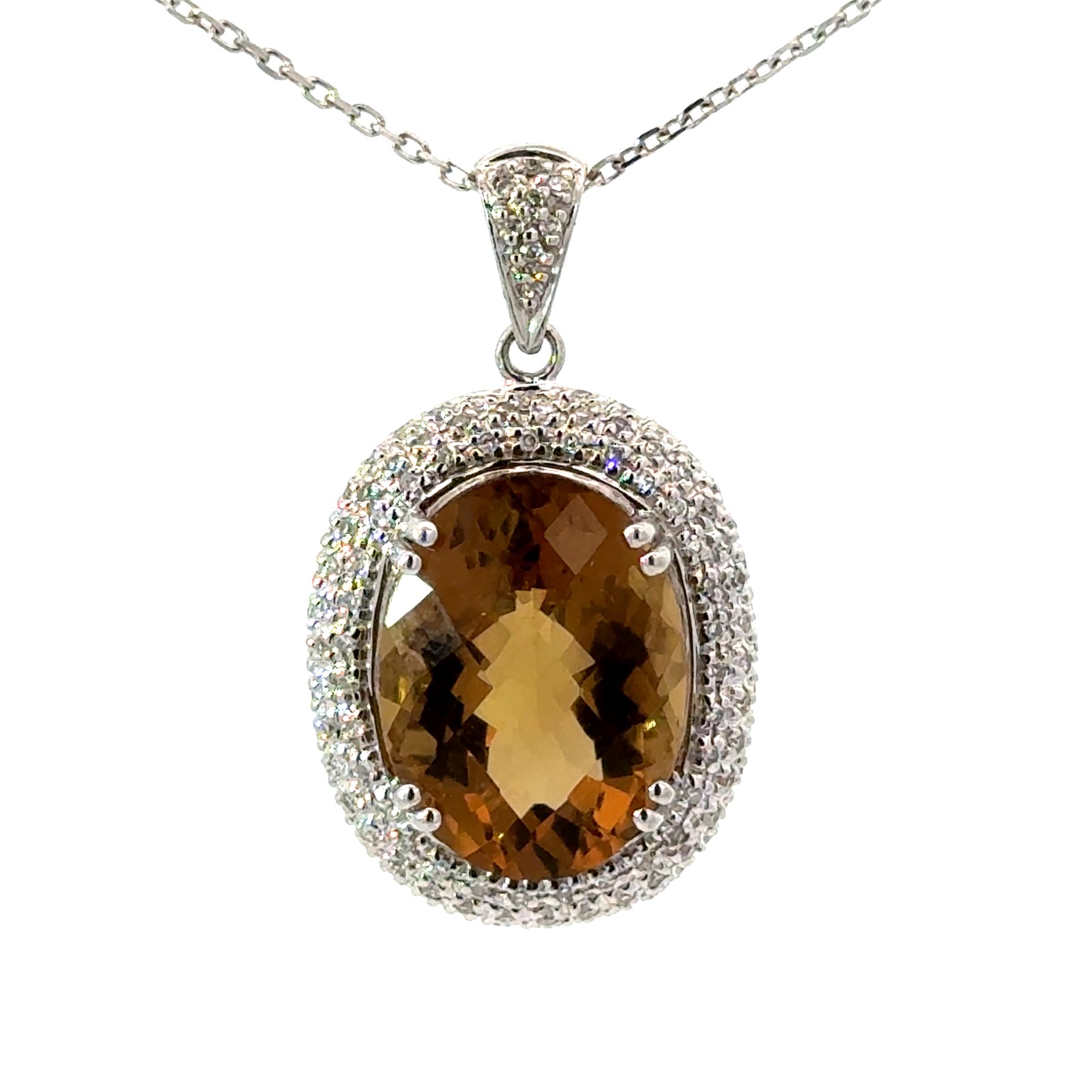 14kt white gold lemon quartz and diamond halo pendant LQ tw 7.85cts D tw 0.36cts