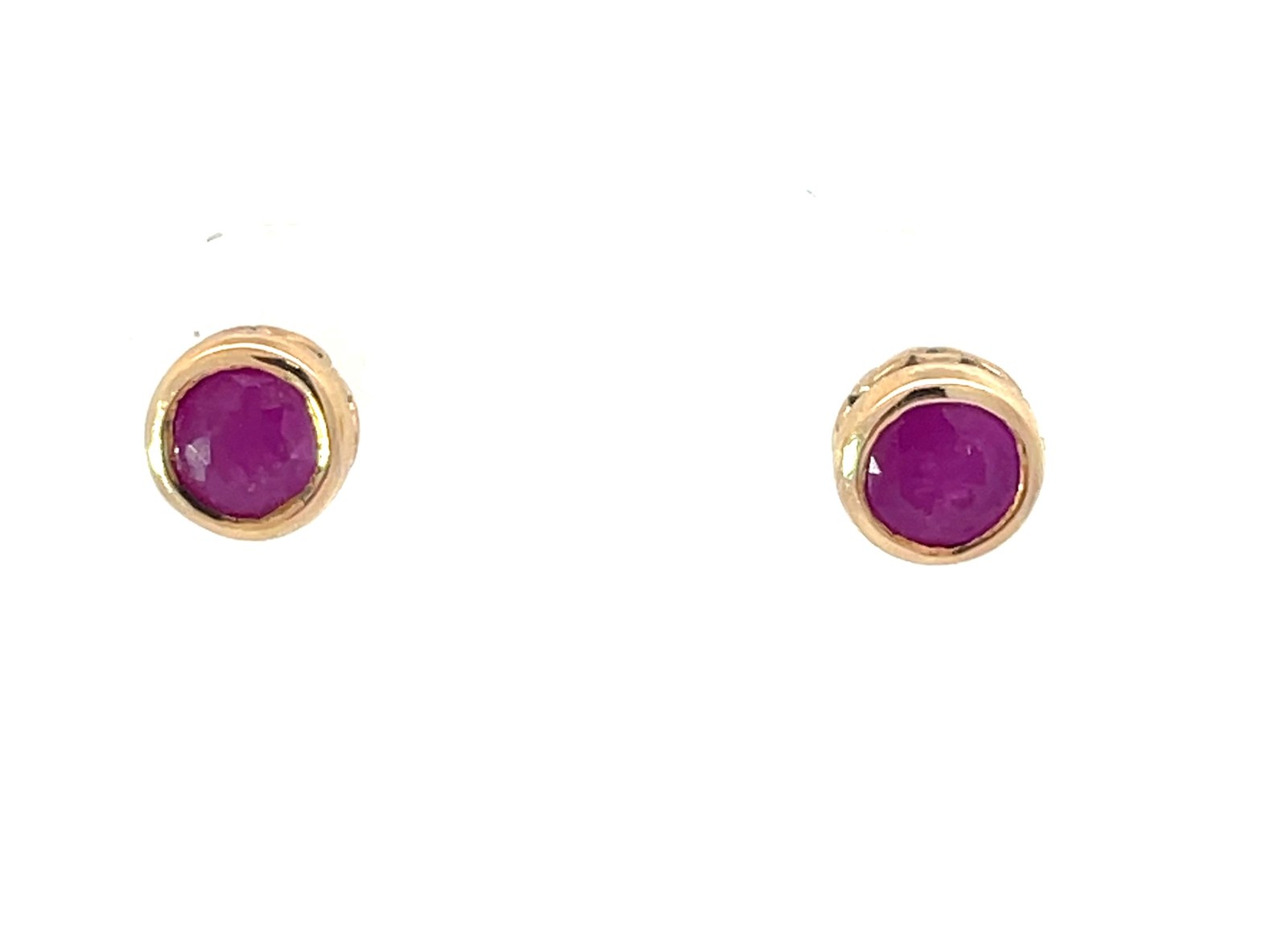 10kt yellow gold ruby stud earring with fancy underbezel