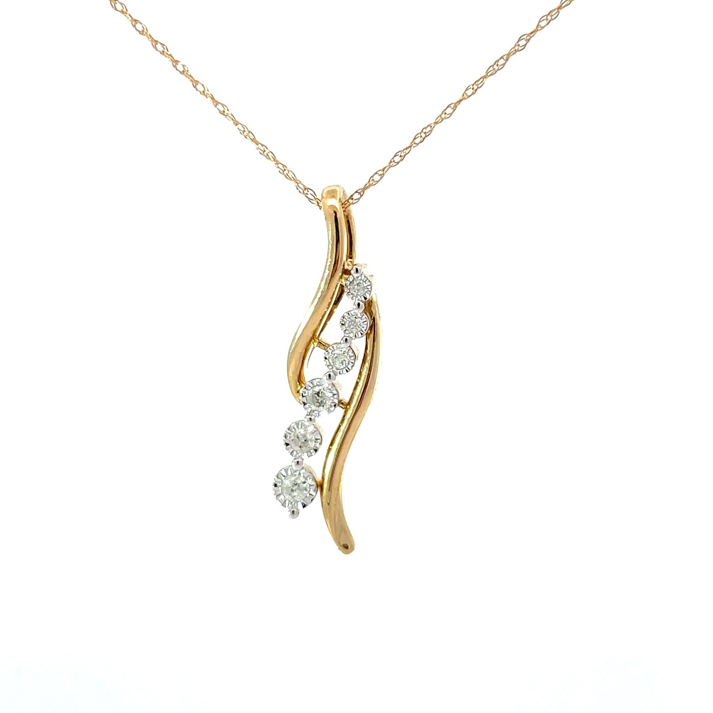 .jpeg 10kt two tone 6 stone diamond illusion journey pendant D tw 0.12cts SI2/I1 clarity, near colorless I color on 18" chain