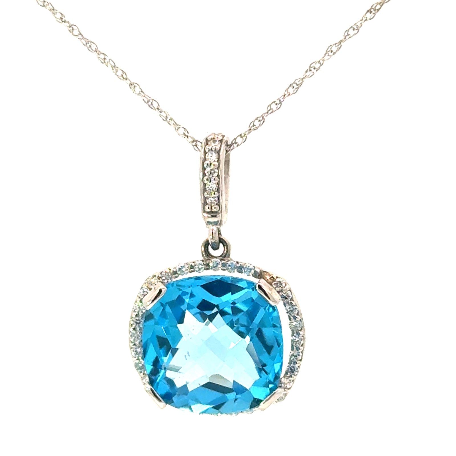 .jpg 14kt wg checkerboard blue topaz and diamond pendant on machine made rope 18" D tw 0.24pts SI, G/H