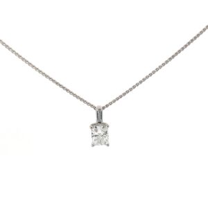 14kt wg diam pend center radiant tw 0.82 cts, 1 baguette tw 0.05pt TDW 0.87 cts SI1, F/G on 18" wheat