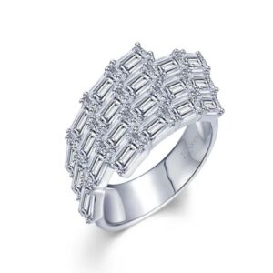 Sterling Silver platinum bonded 4 row lassaire simluated diamond baguette fashion ring tw 5.80cts size 7