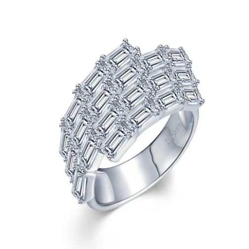 Sterling Silver platinum bonded 4 row lassaire simluated diamond baguette fashion ring tw 5.80cts size 7