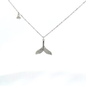Sterling Silver cubic zirconia petite whales tail and shell pendant on adjustable chain