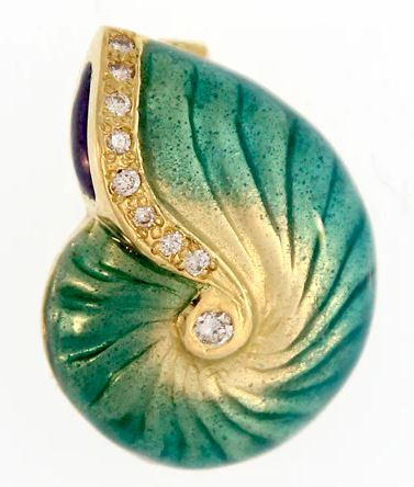 .jpg 18kt yellow gold large teal glass enamel nautilus shell pendant with 0.22pts diamonds, enhancer bail