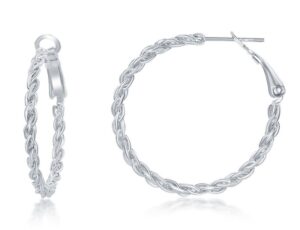 Sterling Silver rhodium plated 20mm woven hoop earring with omega back