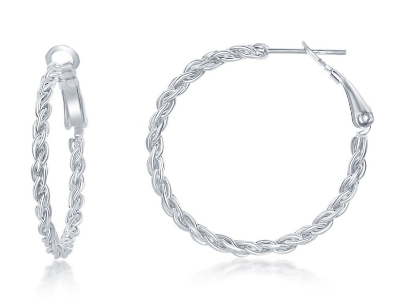 A .jpg Sterling Silver rhodium plated 20mm woven hoop earring with omega back