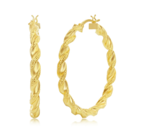 Sterling Silver Gold Plated Polished Twisted And Satin 40Mmm Large Hoop Earring