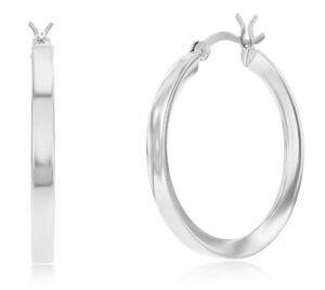 Sterling Silver 3x30mm Fancy Flat Hoop Earrings - Rhodium Plated