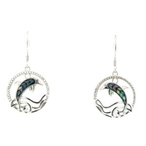 Sterling Silver rhodium plated mosaic abalone cubic zirconia jumping dolphin dangle earring