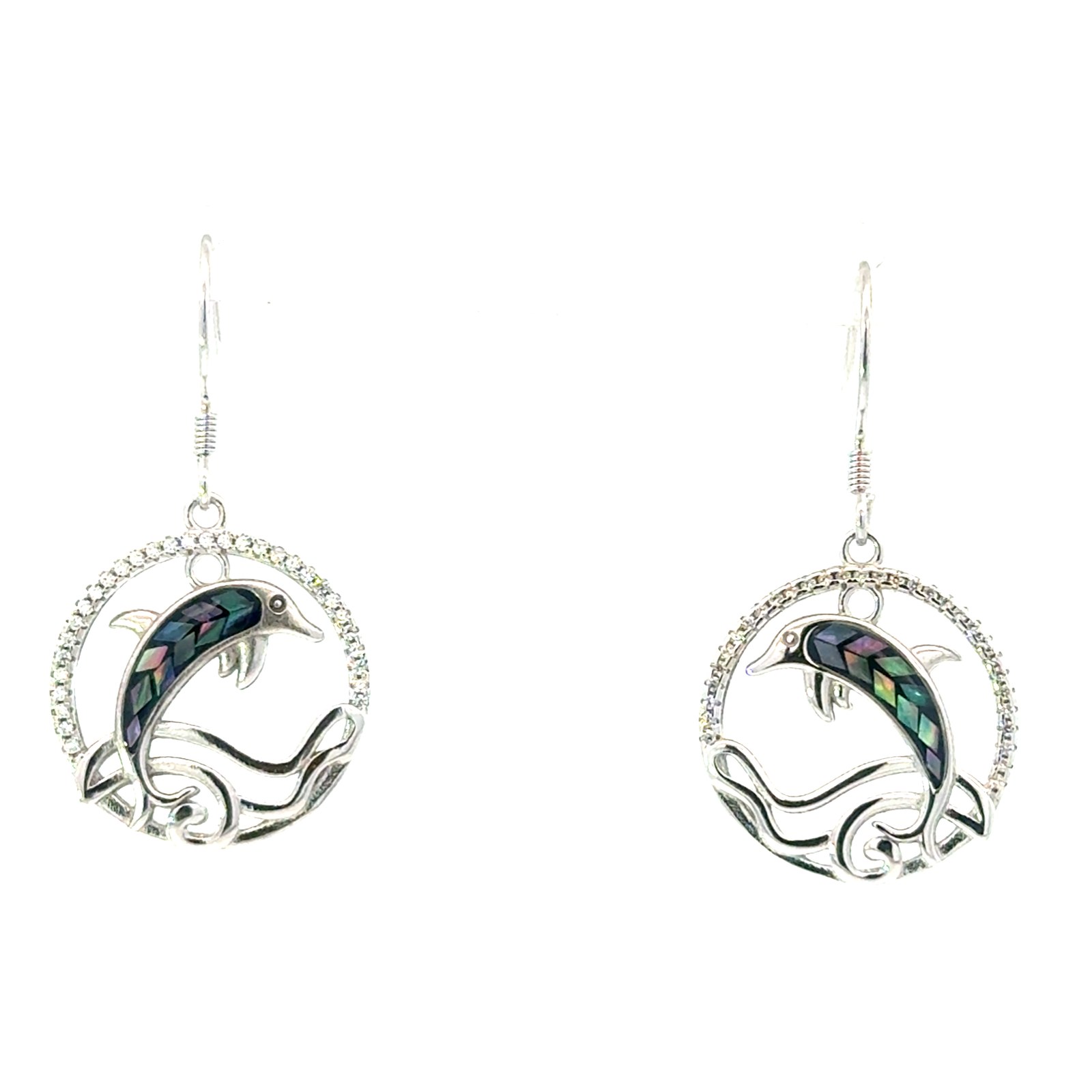 Sterling Silver rhodium plated mosaic abalone cubic zirconia jumping dolphin dangle earring