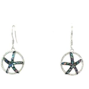 Sterling Silver rhodium plated genuine mosaic abalone starfish and cz dangle earring