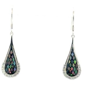 Sterling Silver mosaic abalone and cz dangle raindrop earring