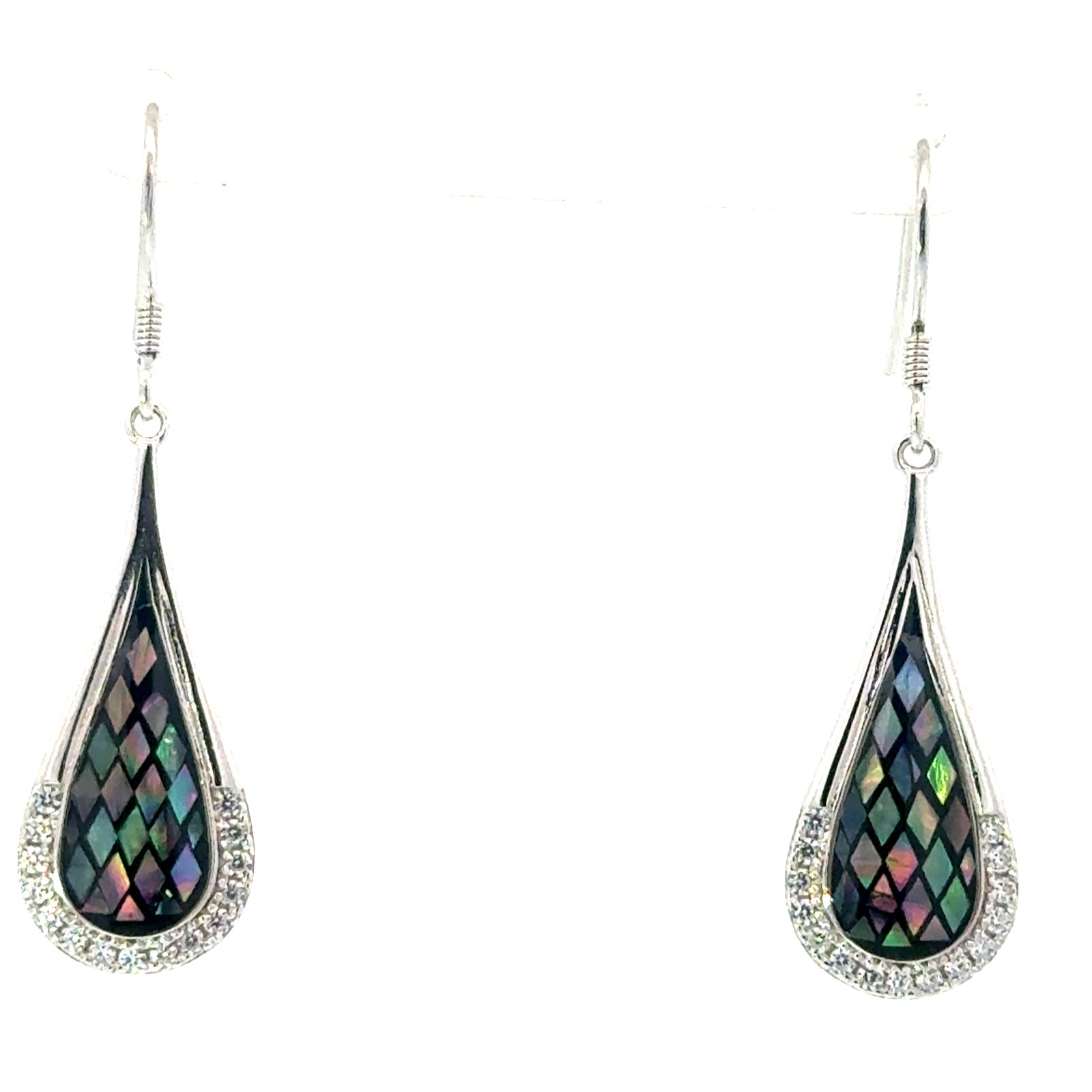 A SSE CTD .jpg Sterling Silver mosaic abalone and cz dangle raindrop earring