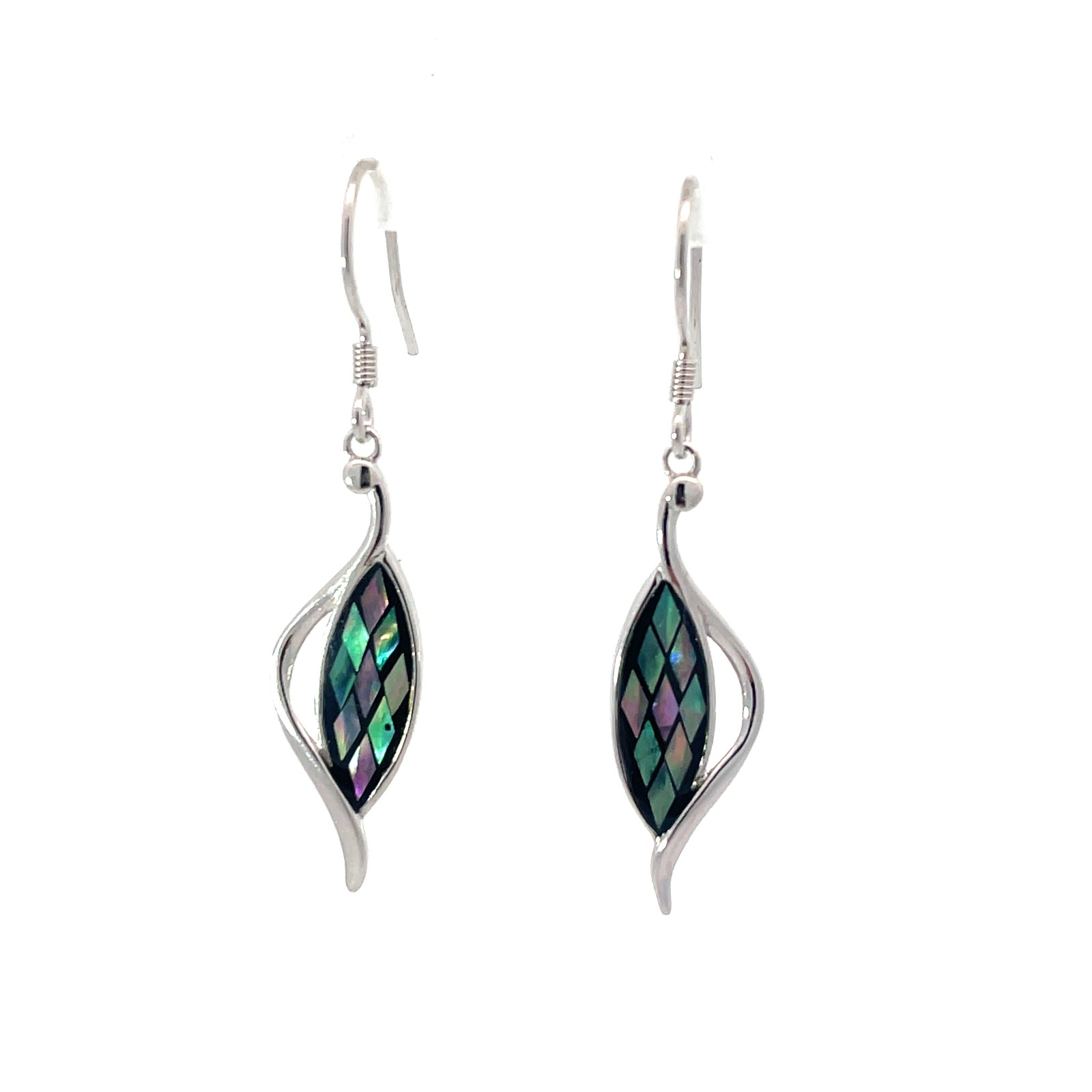 A SSE OV .jpg Sterling Silver mosaic inlay dangle twisted earring on fish hooks