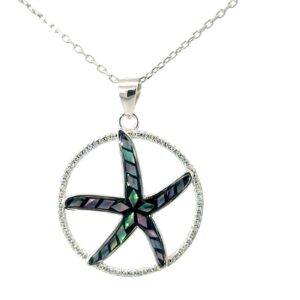 Sterling Silver rhodium plated genuine mosaic abalone starfish and cz necklace on 1.2mm diamond cut cable chain