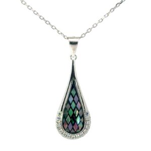 Sterling silver mosaic abalone and cz raindrop pendant on 1.5mm cable 18" rhod
