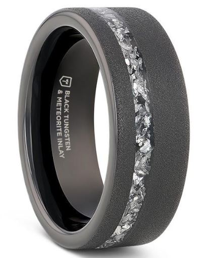 A BSBT mm . .jpg ABYSS Sandblasted Black Tungsten Ring with Meteorite Fragments Inlay - 8mm, size 10