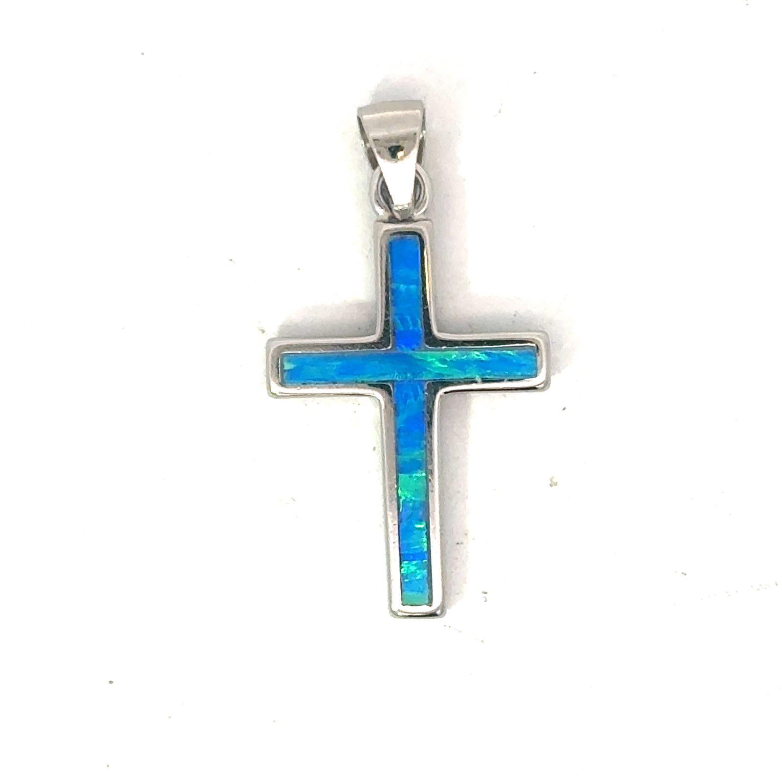 B SSP C M .jpg Sterling Sterling rhodium plated created blue opal cross