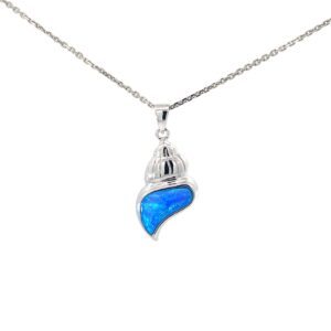 Sterling Silver created blue inlay opal conch shell pendant on diamond cut link chain 18"