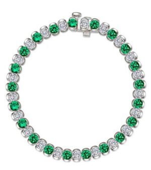 Sterling Silver platinum bonded Lassire lab grown emerald and lassire simluated diamond tennis bracelet half bezel tw 7.50cts 7" long