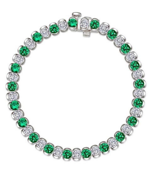 Sterling Silver platinum bonded Lassire lab grown emerald and lassire simluated diamond tennis bracelet half bezel tw 7.50cts 7" long