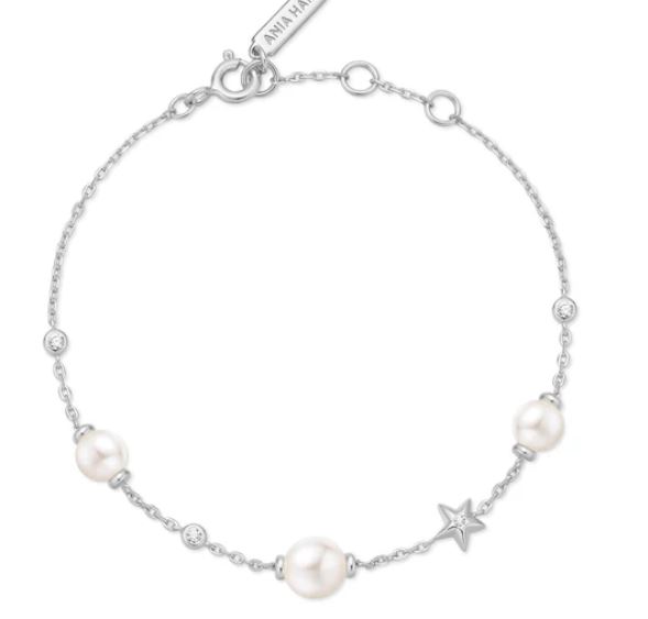 Sterling Silver pearl and star cubic zirconia station adjustable bracelet