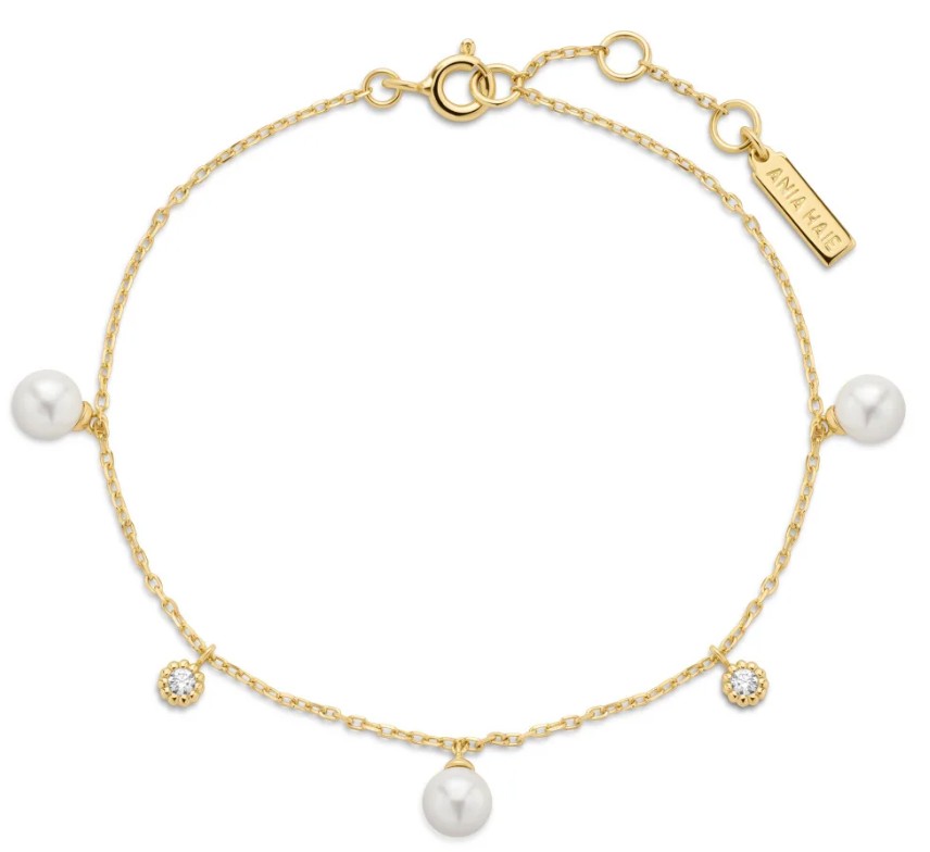 B G .jpg Sterling Silver gold plated pearl shell and sparkle drop station adjustable bracelet