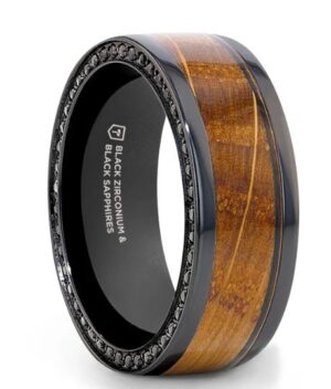 BOURBON Black Genuine Whiskey Barrels Used By Jack Daniel's® Distillery Wood Inlay and Black Sapphires - 8mm, size 10