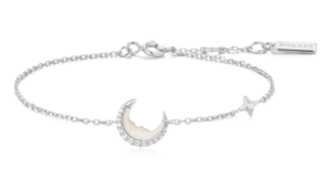 Sterling Silver rhodium plated mother of pear and cubic zirconia crescent moon adjustable bracelet