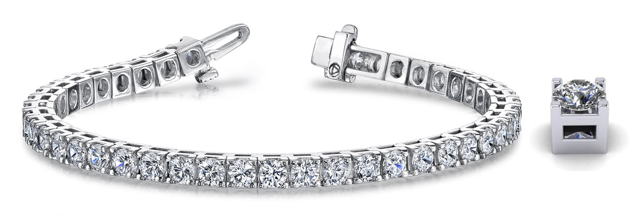 B .jpg 14kt white gold standard 4 prong diamond tennis bracelet tw 5.03cts, VS clarity, colorless F color with foldover underneath for safety 7"