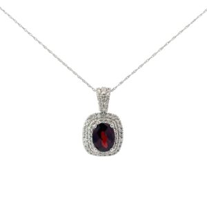 10kt white gold double halo diamond and checkboard garnet pendant G tw 1.76cts D tw 0.65cts