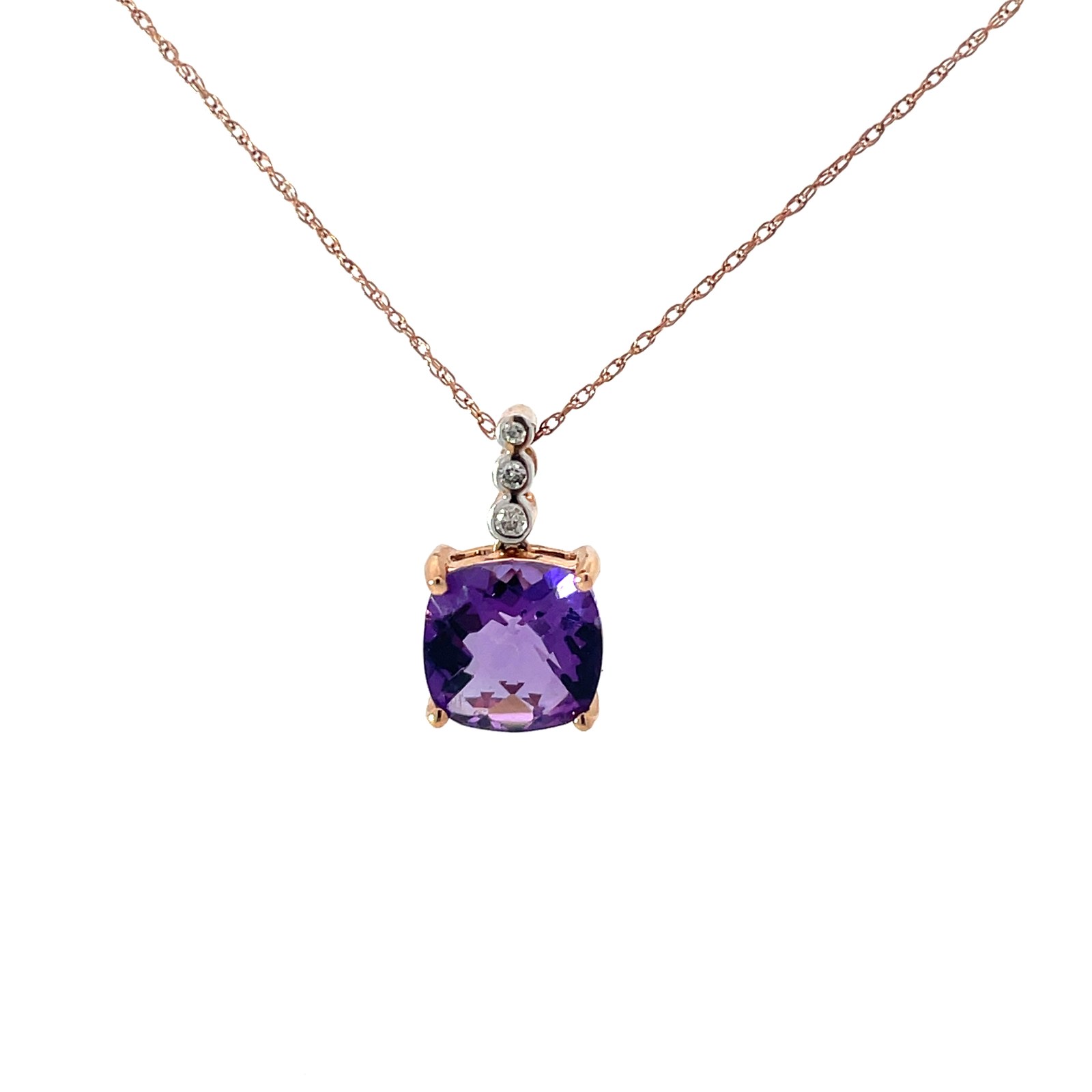 B 10kt rose gold genuine amethyst and diamond pendant D tw 0.03cts A tw 2.32cts SI, I color on 18"