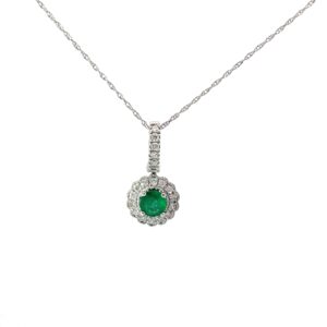 14kt white gold diamond and emerald halo pendant E tw 0.36cts D tw 0.18cts SI, H
