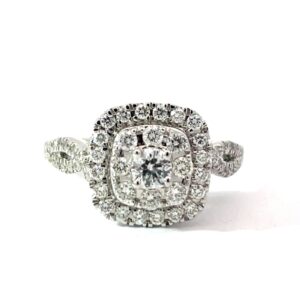 14kt white gold diamond double cushion shape halo with fancy twisted shank ring C tw 0.20cts SI2, near colorless H tw 0.85cts SI near colorless G