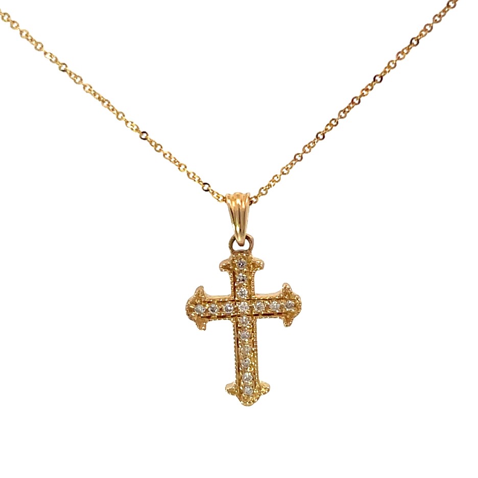 B 14kt yellow gold diamond cross pendant on 18" chain with claw catch tw 0.09cts SI, H