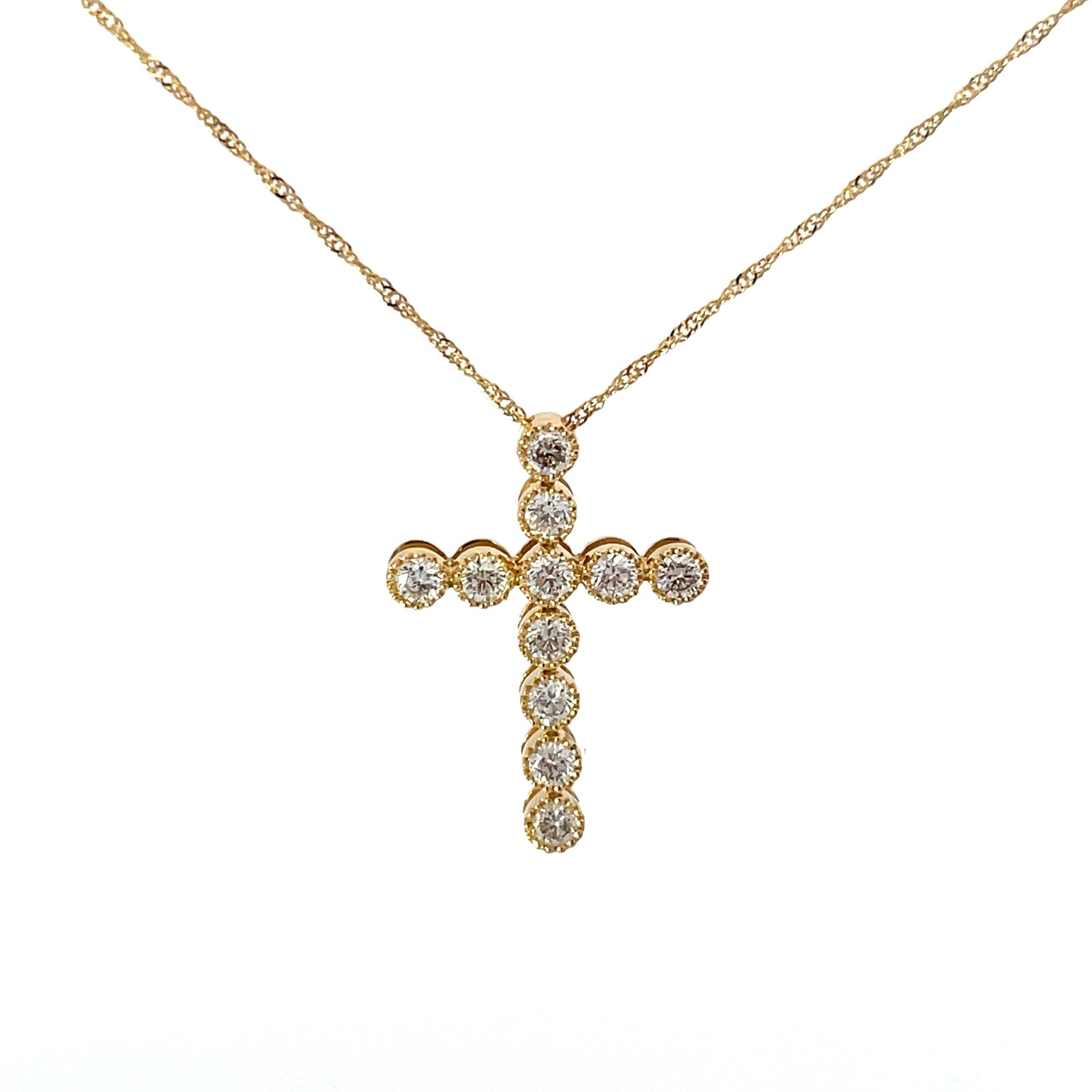 B 14kt yellow gold diamond cross tw 0.50cts SI, H on chain 18"